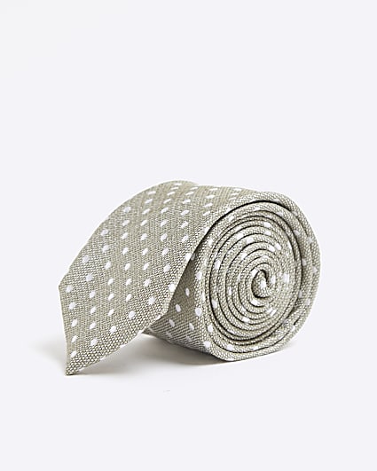 Green cotton white polka dot print tie