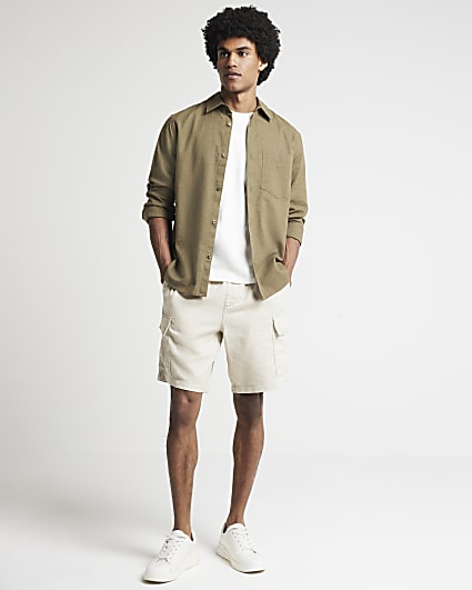 Beige regular fit linen blend cargo shorts