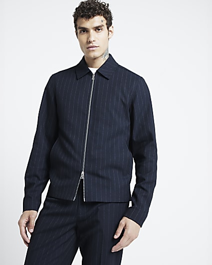 Navy slim fit pinstripe harrington jacket