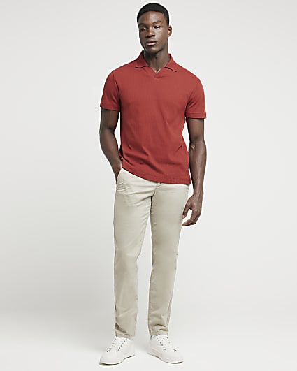 Rust regular fit textured open neck polo