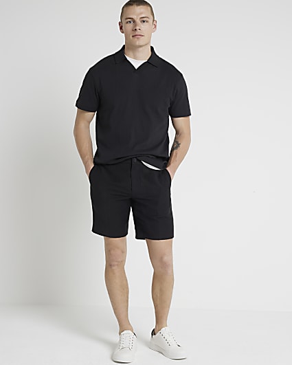 Black regular fit textured open neck polo