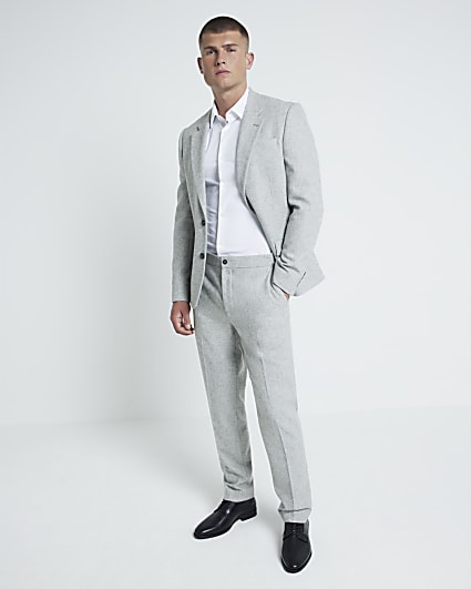 Grey Wool Blend Slim Fit Suit Trousers