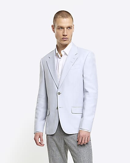 Blue slim fit linen blend suit jacket