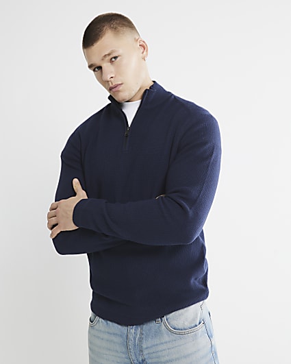 Navy slim fit waffle half zip jumper