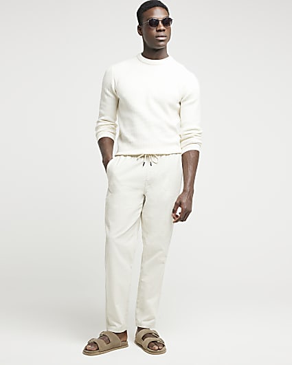 Ecru Slim Fit Waffle Textured Crew Jumper