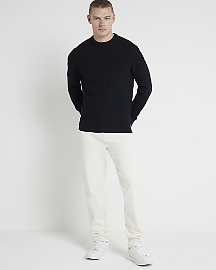 Black slim fit waffle textured crew jumper