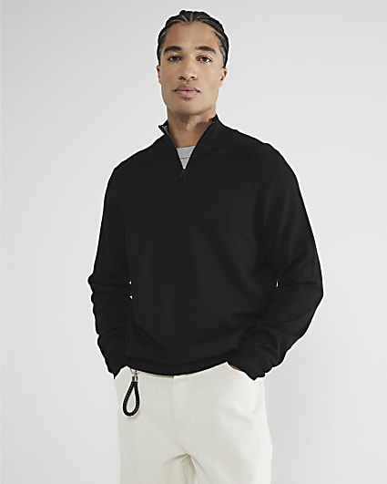 Black slim fit viscose half zip jumper