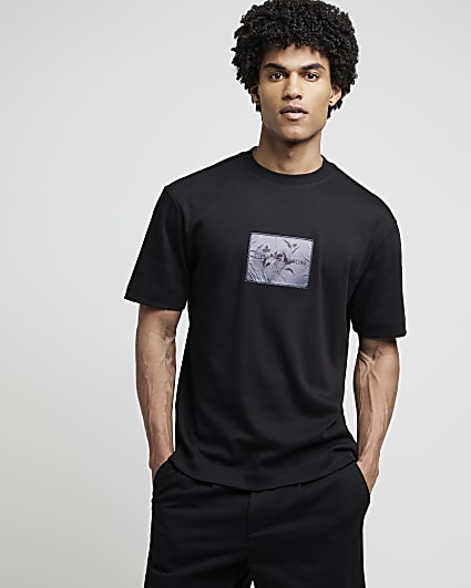 Black Regular fit patch print T-shirt