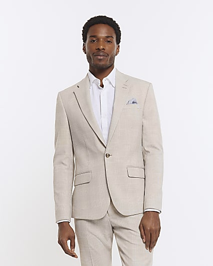 Beige slim fit check suit jacket