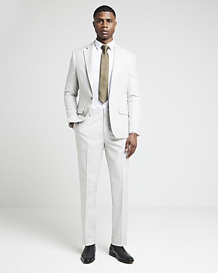 Ecru slim fit textured suit trousers