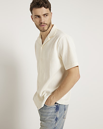 Beige regular fit revere plisse shirt