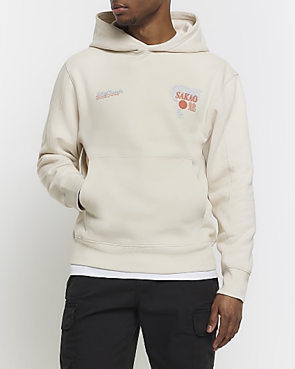 Beige regular fit embroidered hoodie