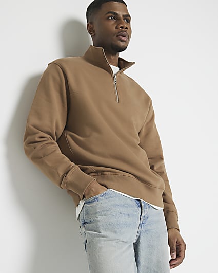 Brown regular fit loopback funnel sweatshirt