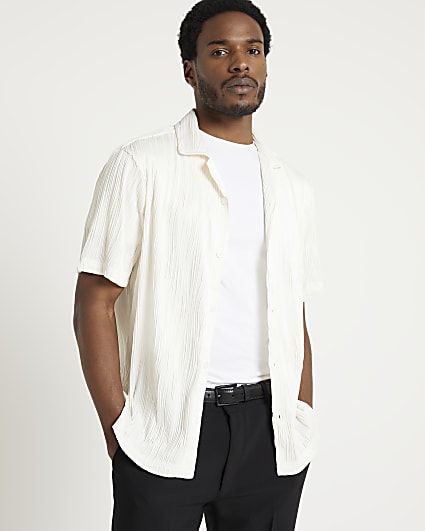 Beige regular fit plisse revere shirt