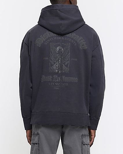 Washed black regular gothic graphic hoodie