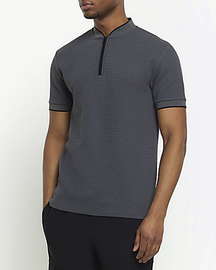 Grey slim fit textured baseball polo