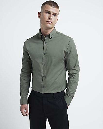 Khaki muscle stretch smart long sleeve shirt