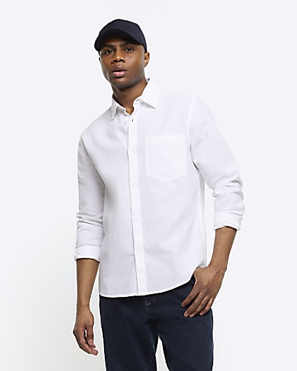 White regular linen blend long sleeve shirt