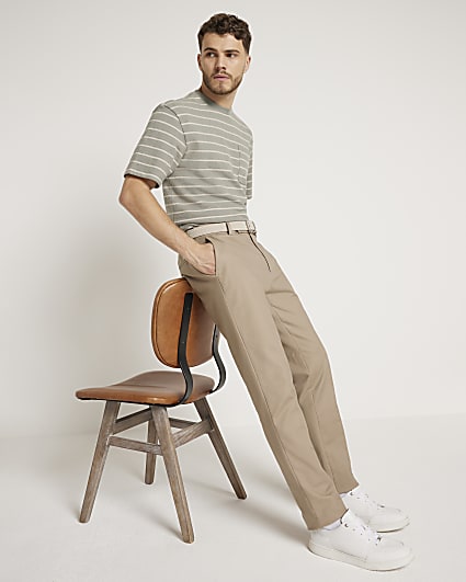 Beige slim fit belted chino trousers