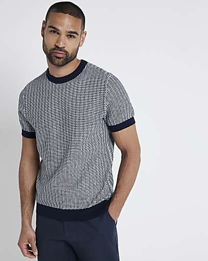 Navy slim fit knit stripe t-shirt