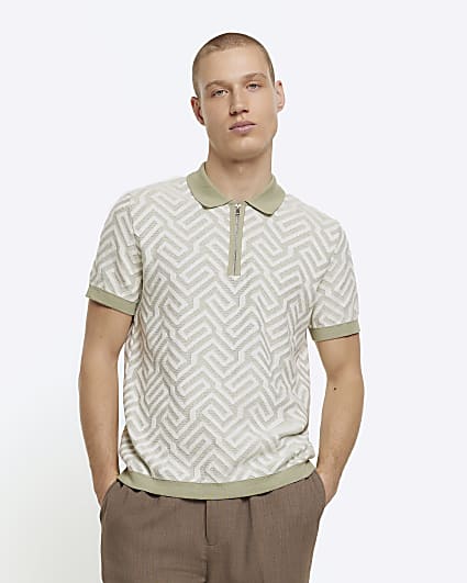 Green slim fit geometric design knit polo