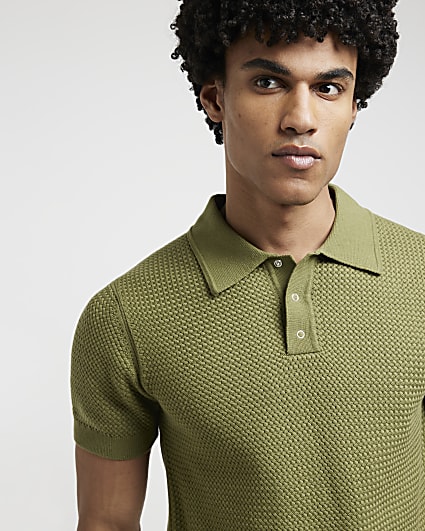 Green Slim Fit Textured Knit Polo