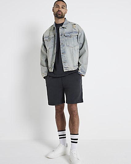 Washed black regular fit loopback shorts