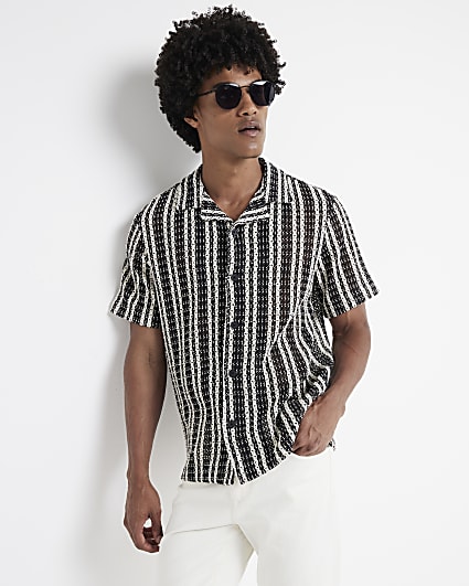 Black regular fit crochet stripe revere shirt