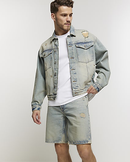 Blue regular fit ripped denim shorts