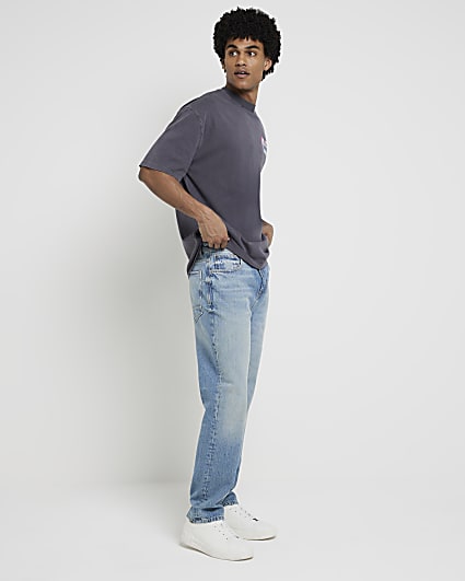 Blue straight fit faded jeans