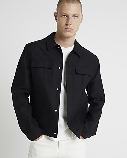 Black regular fit linen blend jacket