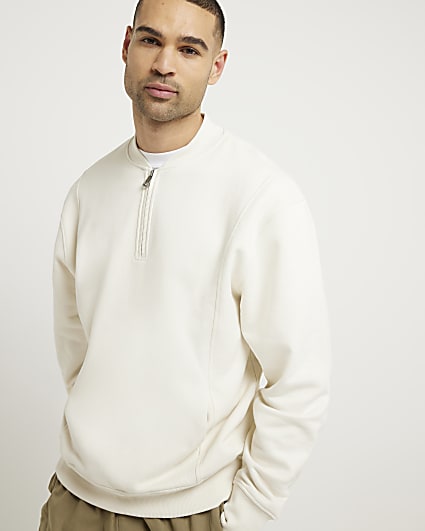 Beige slim fit half zip sweatshirt