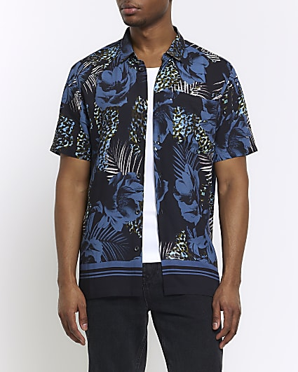 Blue regular fit floral short sleeve shirt