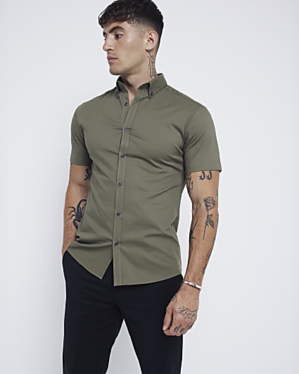 Khaki muscle fit stretch textured smart shirt