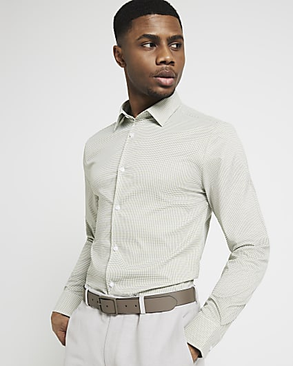 Khaki muscle fit geometric smart shirt