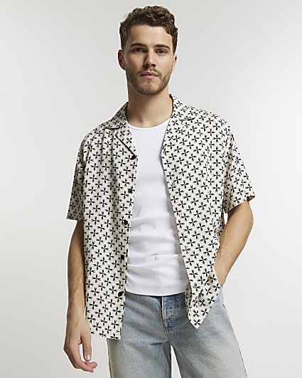 Beige regular fit geometric revere shirt