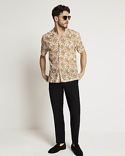 Rust regular fit floral broderie revere shirt