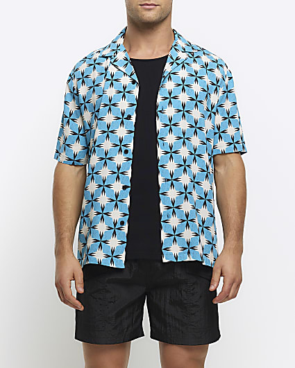 Blue regular fit geometric print revere shirt