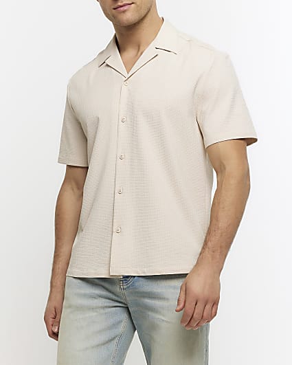 Stone regular fit seersucker revere shirt