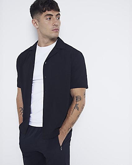 Black Regular Fit Seersucker Revere Shirt