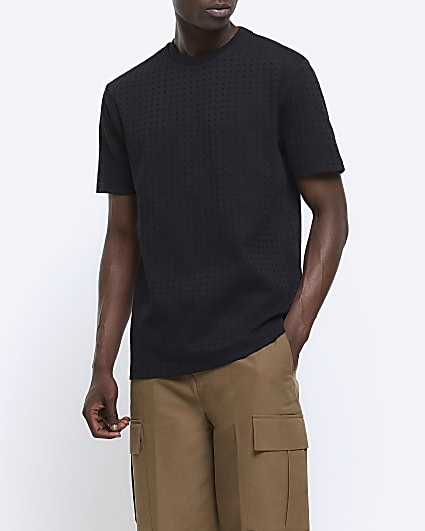 Black slim fit jacquard weave t-shirt