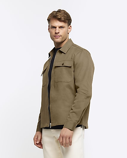 Khaki regular fit zip up overshirt