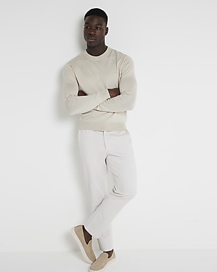 Beige Slim Fit Pull On Twill Jogger