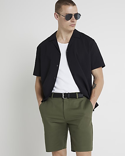 Khaki slim fit belted chino shorts