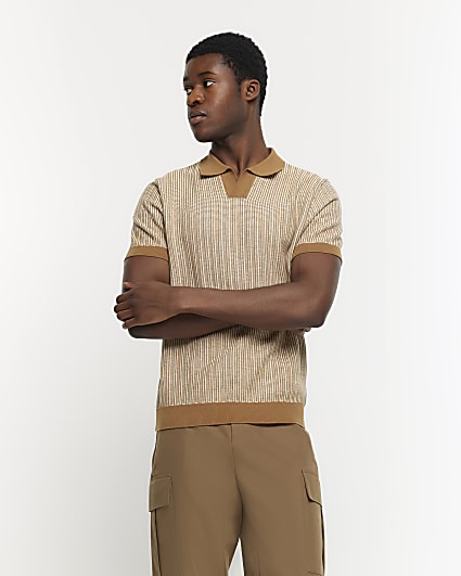 Brown slim fit knitted stripe polo