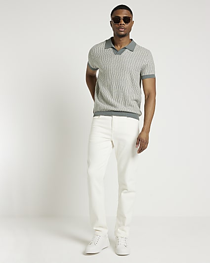 Blue slim fit knitted stripe polo