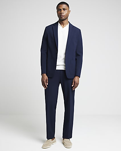 Navy slim fit seersucker suit trousers