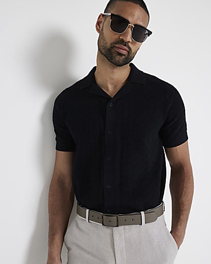 Black slim fit knit revere polo shirt