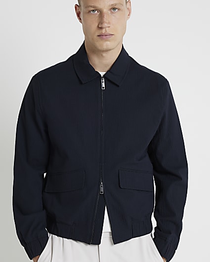 Navy regular fit seersucker zip jacket