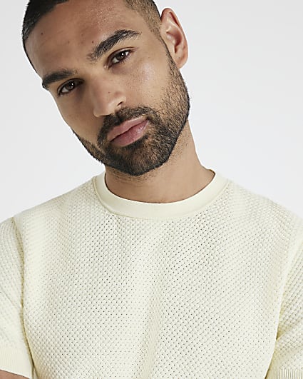 Yellow slim fit textured knit t-shirt